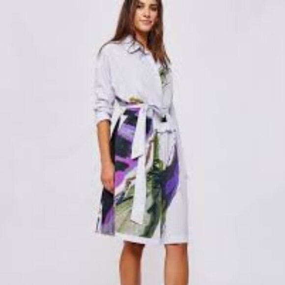 Purple Maroon Dresses & Skirts - Purple Maroon San Francisco 100% Cotton Abstract Print Belted Shirt Dress Sz S
